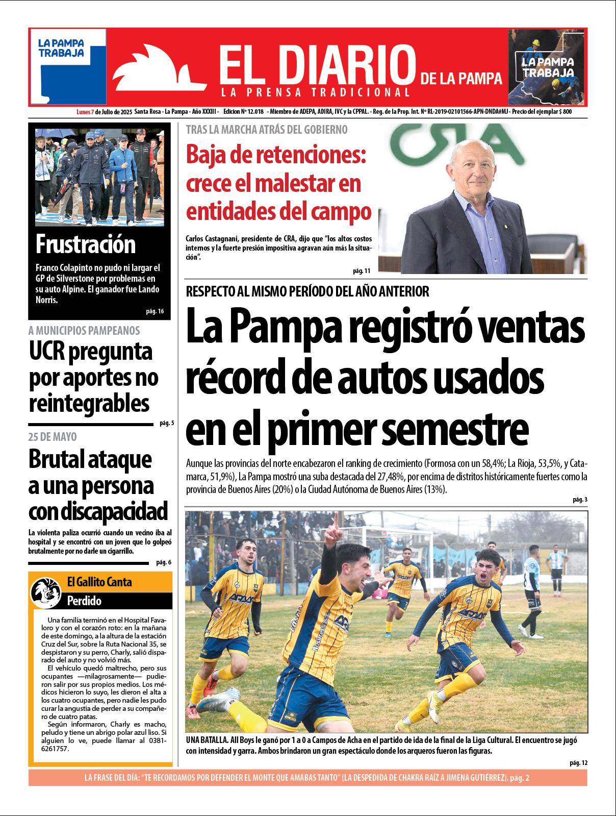 Tapa de El Diario en papel  lunes 07 de julio de 2025